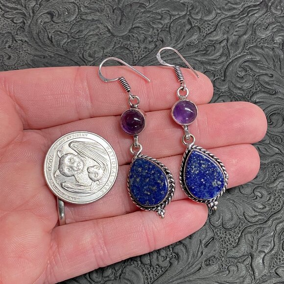 Amethyst and Lapis Lazuli Earrings Stone Crystal Jewelry - Picture 5 of 9